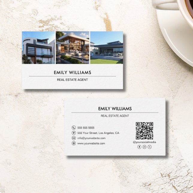 Carte De Visite Photo immobilière personnalisée QR Médias sociaux  (Custom Real Estate Photo QR Social Media White Business Card)