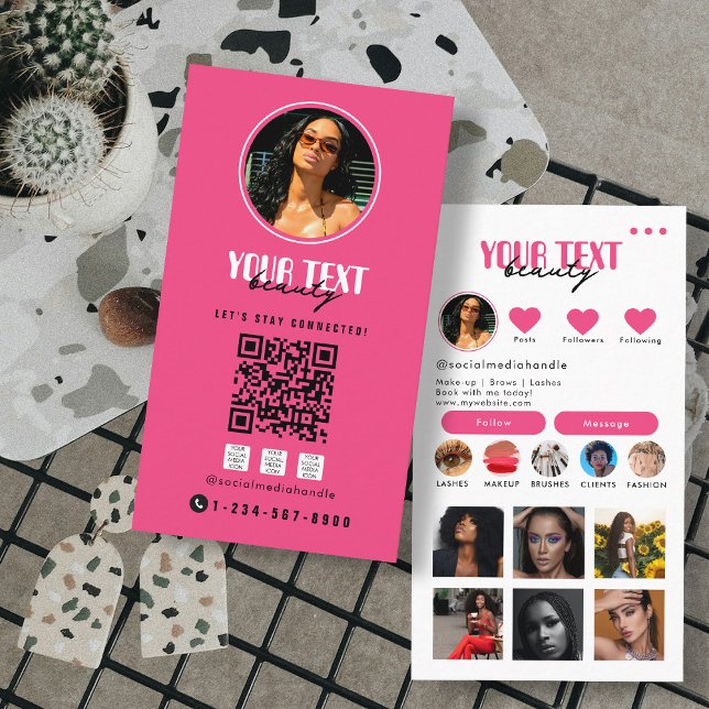 Carte De Visite Photo Influent Médias sociaux QR Code Hot Pink (Influencer Photo Social Media QR Code Hot Pink Business Card)