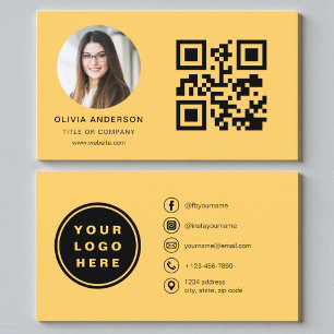 Carte De Visite Photo jaune avec code QR pour les médias sociaux