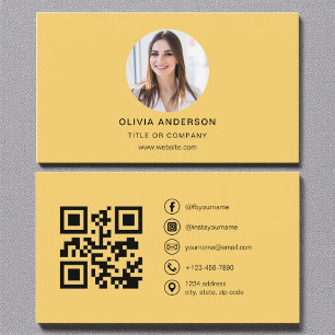 Carte De Visite Photo Jaune moderne avec code QR Médias sociaux