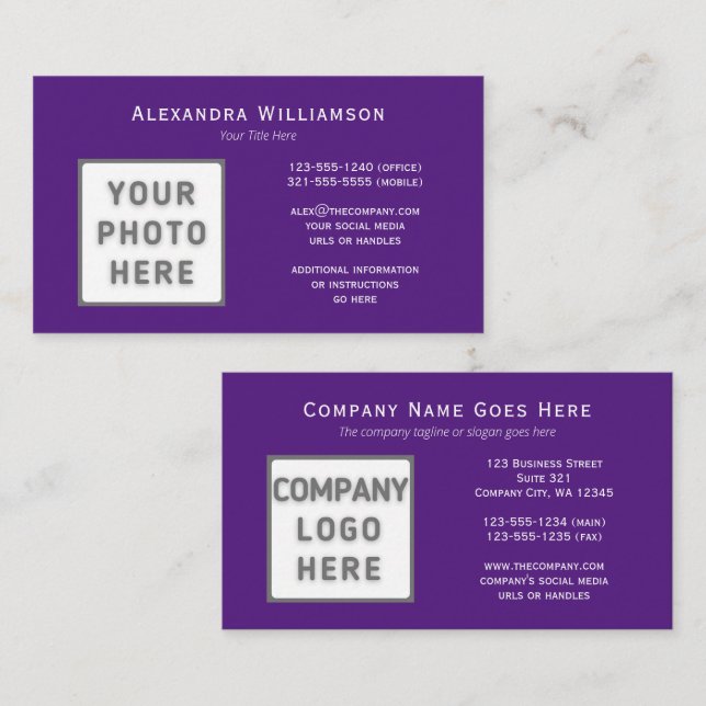 Carte De Visite Photo Logo Modèle Horizontal à double face violet (Devant / Derrière)