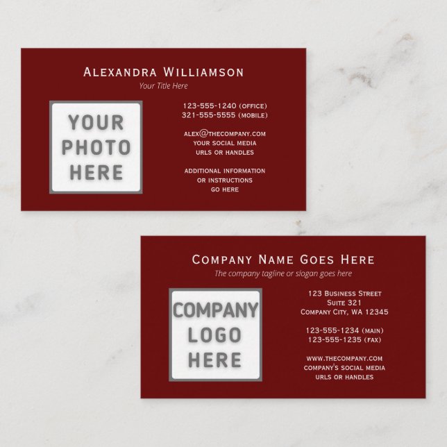 Carte De Visite Photo Logo Modèle Horizontal Maroon à double face (Devant / Derrière)
