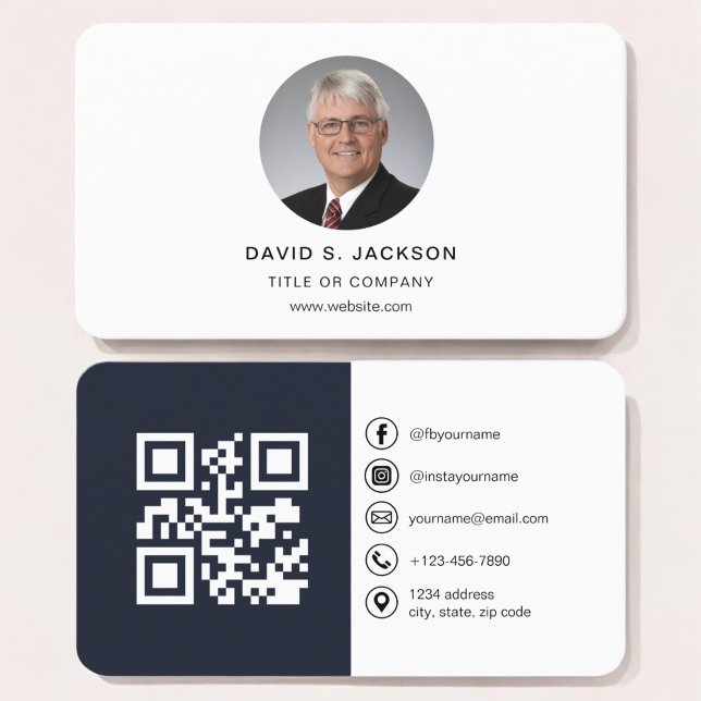 Carte De Visite Photo moderne bleu marine avec code QR Médias soci (Créateur téléchargé)