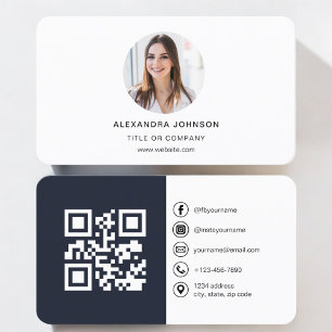 Carte De Visite Photo moderne bleu marine avec code QR Médias soci