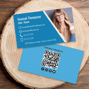 Carte De Visite Photo moderne QR Code Bleu Connectez-vous avec n
