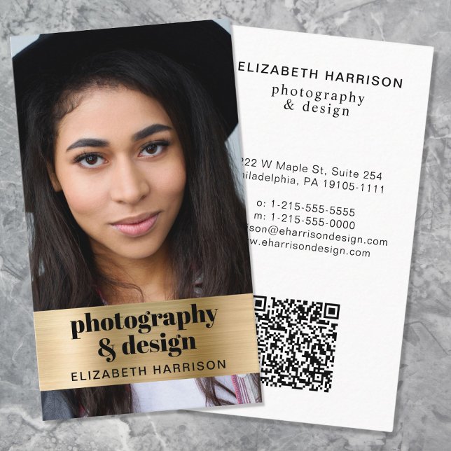 Carte De Visite Photo moderne QR Code Or (Input your website address to create a scannable QR code)
