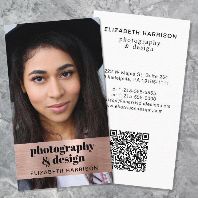 Carte De Visite Photo moderne QR Code Rose Or (Input your website address to create a scannable QR code)