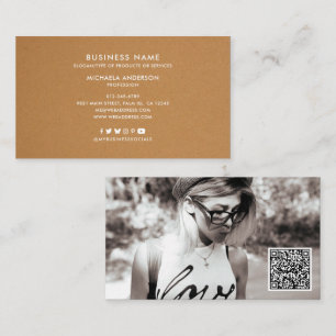 Carte De Visite Photo moderne QR Code & Social Media No Logo Kraft