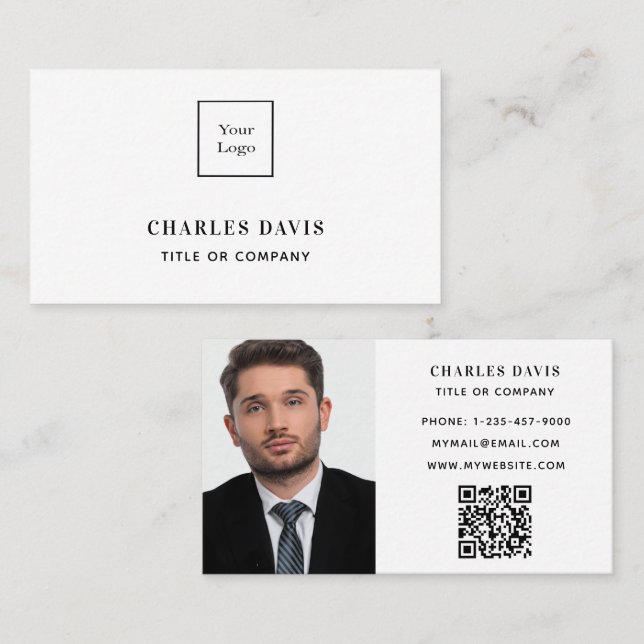 Carte De Visite Photo monogramme blanc logo Qr code élégant (Devant / Derrière)