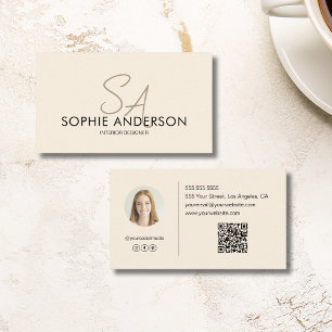 Carte De Visite Photo Monogramme moderne QR Cream Professional
