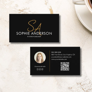 Carte De Visite Photo Monogramme QR Black Gold Professional