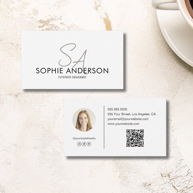 Carte De Visite Photo Monogramme QR Designer Professional (Modern Monogram Photo QR Designer Professional Business Card)