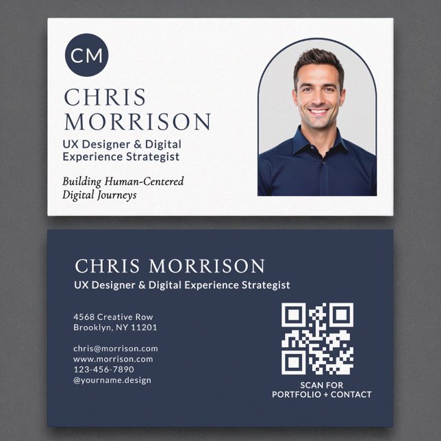 Carte De Visite Photo Navy Blue Simple Professional QR Code (Créateur téléchargé)
