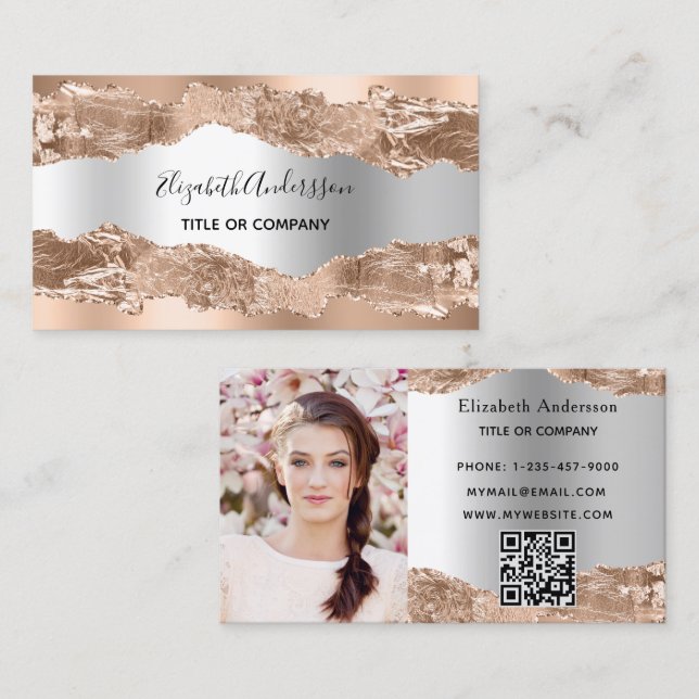 Carte De Visite Photo or argent agate marbre qr code (Devant / Derrière)