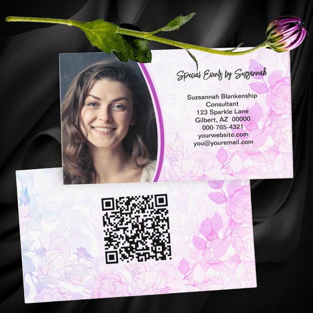 Carte De Visite Photo personnalisée de l'Arrière - plan rose profe (front custom photo faint floral background back same background & QR Code template)