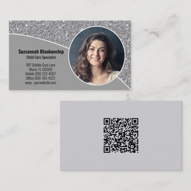 Carte De Visite Photo personnalisée Faux Parties scintillant argen (Devant / Derrière)