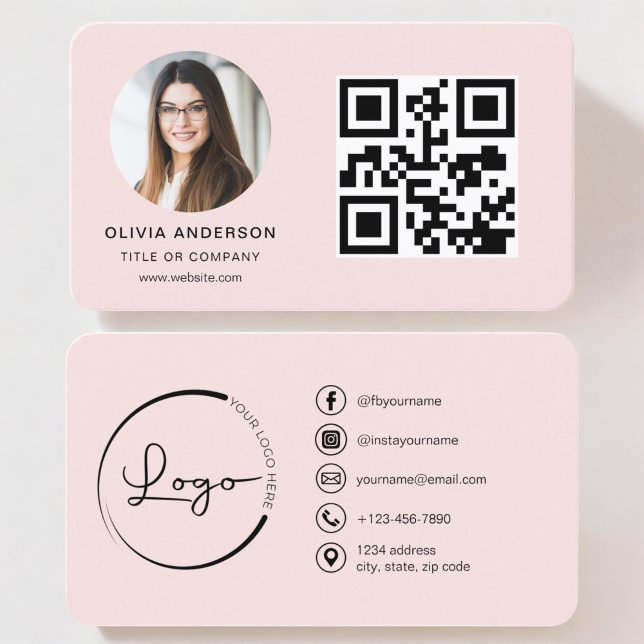 Carte De Visite Photo professionnelle Blush Pink QR Code Médias so (Créateur téléchargé)