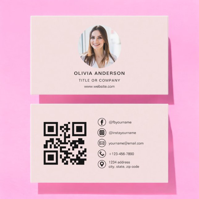 Carte De Visite Photo professionnelle Blush Pink QR Code Médias so (Créateur téléchargé)