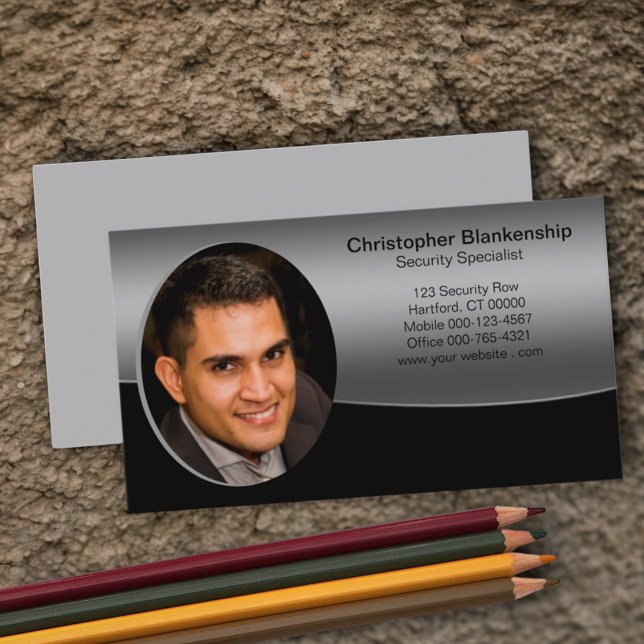 Carte De Visite Photo professionnelle Chic Black & Grey Wave (business card custom photo front template blank back)