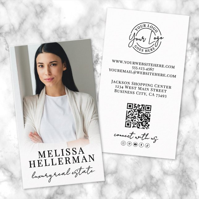 Carte De Visite Photo professionnelle Code QR Logo de l'entreprise (Professional Photo QR Code Company Logo Vertical Business Card)