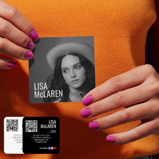 Carte de visite - Photo professionnelle et code QR (Modern Minimalist Business Cards with Photo & QR Code -  Black and white)