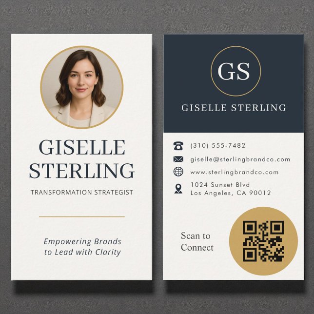 Carte De Visite Photo professionnelle Gold & Navy QR Code Moderne (Créateur téléchargé)