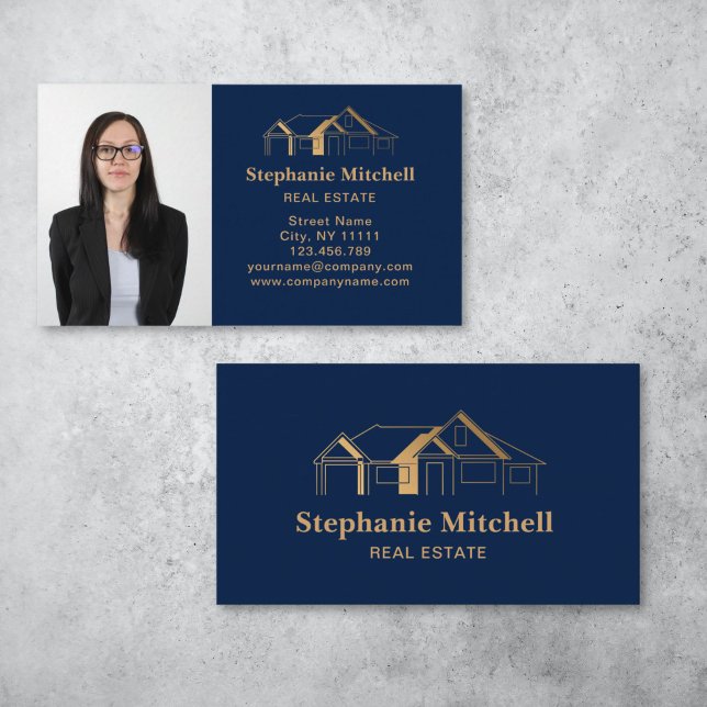 Carte De Visite Photo professionnelle Immobilier Realtor House Gol (simple gold house on navy background real estate business card design)