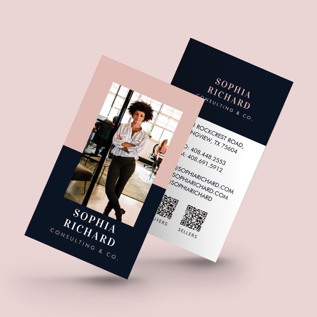 Carte De Visite Photo professionnelle moderne Blush & Navy QR (Créateur téléchargé)