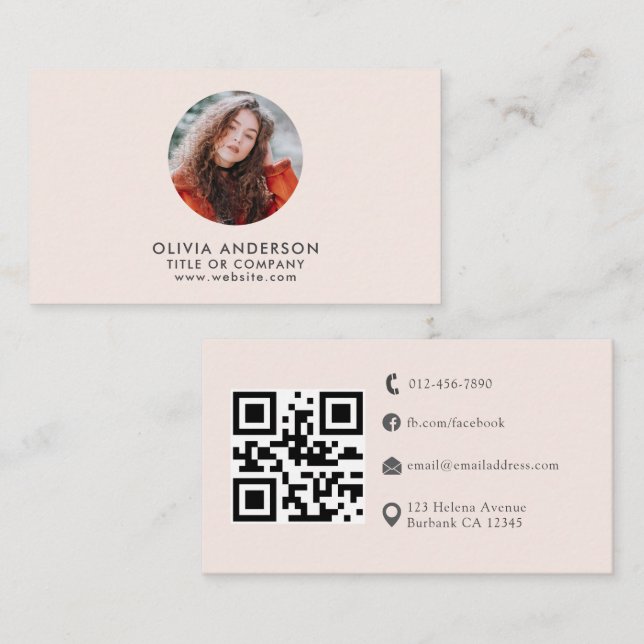 Carte De Visite Photo professionnelle moderne Blush Pink Code QR (Devant / Derrière)
