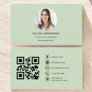 Carte De Visite Photo professionnelle Sage vert QR Code Médias soc