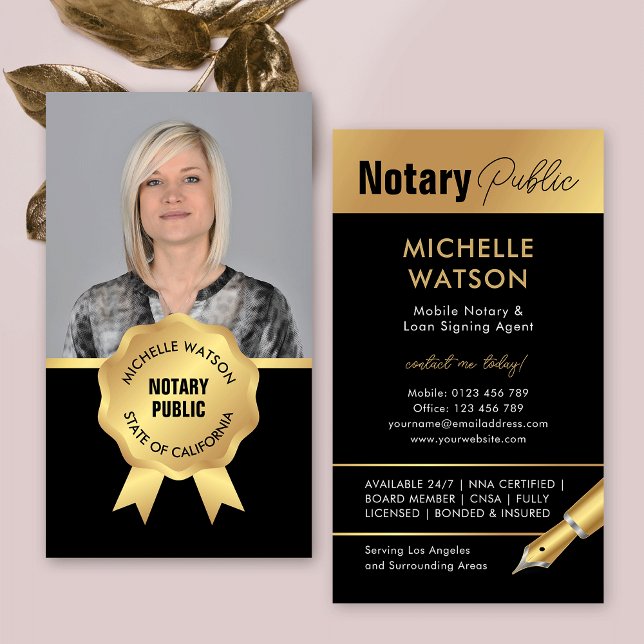 Carte De Visite Photo Publique Noir & Or (Modern notary photo business cards in black and gold)