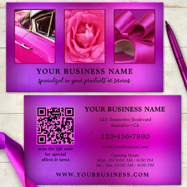 Carte de visite photo QR à captation oculaire rose (Business card featuring your custom photos on an eye-catching hot pink purple design - with QR code)