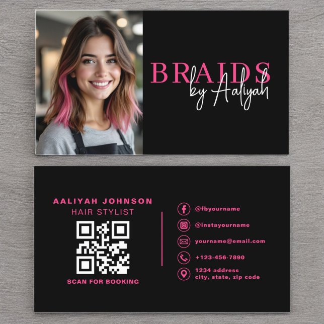 Carte De Visite Photo QR Code Braids Hair Styliste Typographie (Créateur téléchargé)