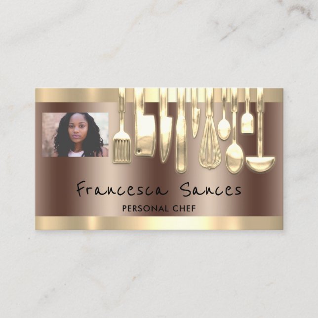 Carte De Visite Photo QR Code Chef personnel Cuisine Gold Knifes (Devant)