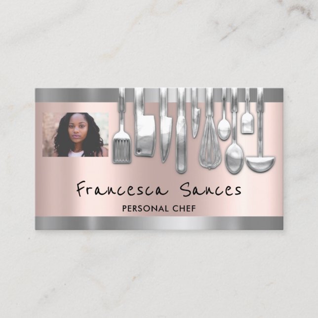 Carte De Visite Photo QR Code Chef personnel Cuisine Lounge Argent (Devant)