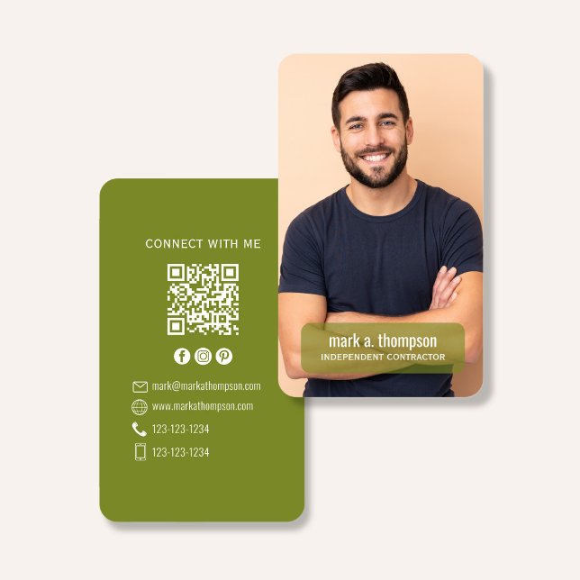 Carte De Visite Photo QR Code Connect With Me Olive Green (Modern olive green QR code contact design with photo and clean natural branding)