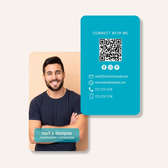 Carte De Visite Photo QR Code Connect With Me Teal Modern (Modern teal QR code contact design with photo and clean professional layout)