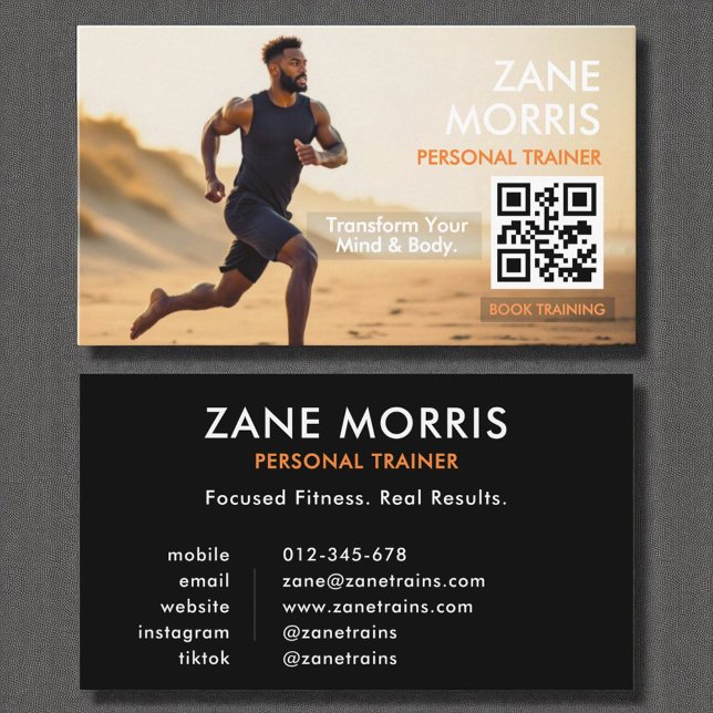 Carte De Visite Photo QR Code de l'entraîneur de fitness moderne (Créateur téléchargé)