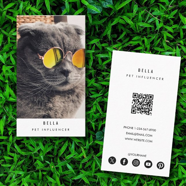 Carte De Visite Photo QR Code de l'Influenceur de chat d'animal mo (Modern Pet Cat Influencer Photo QR Code Business Card)