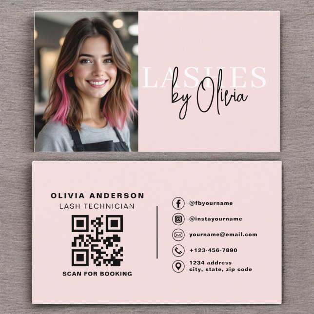 Carte De Visite Photo QR Code Lashes Technicien Blush Pink (Créateur téléchargé)