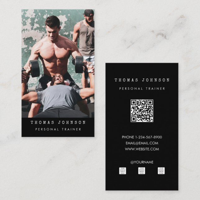 Carte De Visite Photo QR Code noir de l'entraîneur personnel (Devant / Derrière)