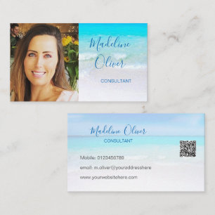 Carte De Visite Photo QR Code Ocean Beach Sea Travel Blue