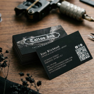 Carte De Visite Photo QR de studio d'artiste de tatouage gothique 