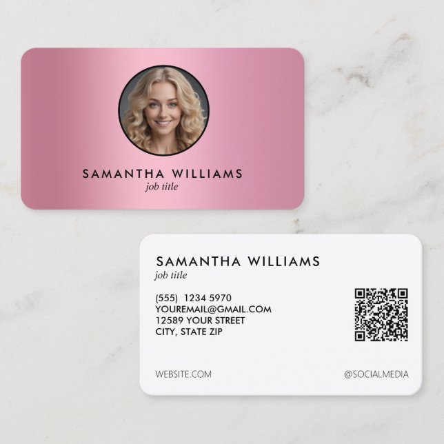 Carte De Visite Photo QR personnalisée en dégradé rose (Devant / Derrière)