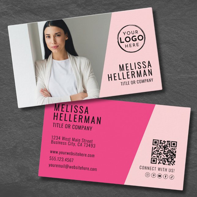 Carte De Visite Photo rose QR Code Société Votre Logo (Pink Photo QR Code Company Your Logo Business Card)