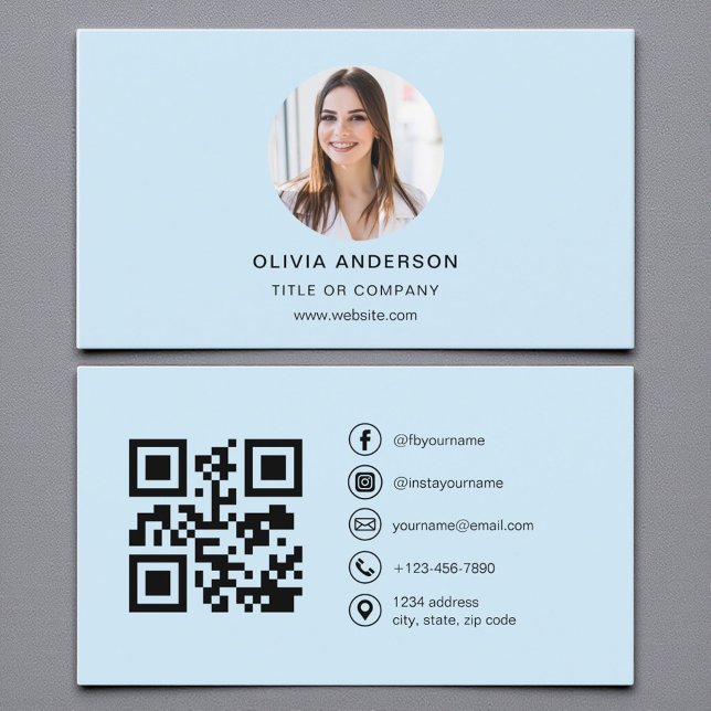 Carte De Visite Photo Sky Blue moderne avec code QR Médias sociaux (Créateur téléchargé)