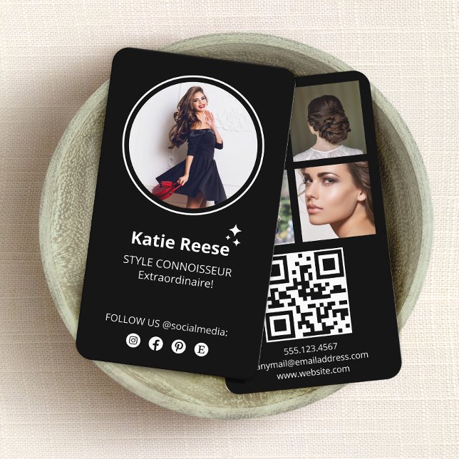 Carte De Visite Photo Social Media Black (Instagram social media networking 4 photo  business card with QR Code)