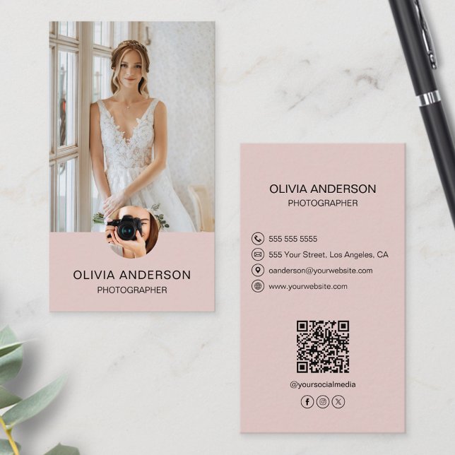 Carte De Visite Photographe 2 Photos Icônes personnalisées QR Code (Photographer 2 Photos Custom Icons QR Code Pink Business Card)