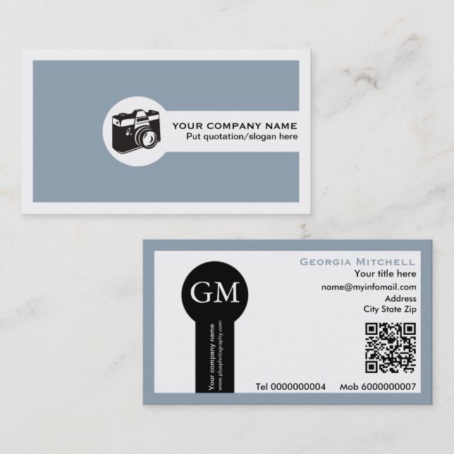 Carte De Visite Photographe appareil photo et code QR bleu poussié (Devant / Derrière)