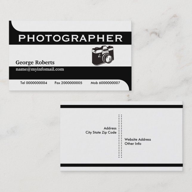 Carte De Visite Photographe caméra noir, blanc moderne (Devant / Derrière)